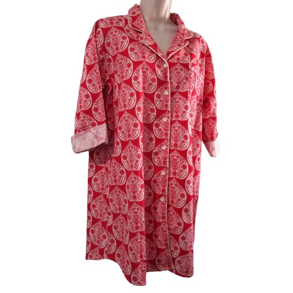 World Market Red White Floral Flannel S/M Button Up Nightshirt EUC Front Pocket - Picture 1 of 16